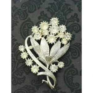 Vintage Brooch Flower Bouquet Art Deco Silver Rhinestone Kramer Weiss Schreiner